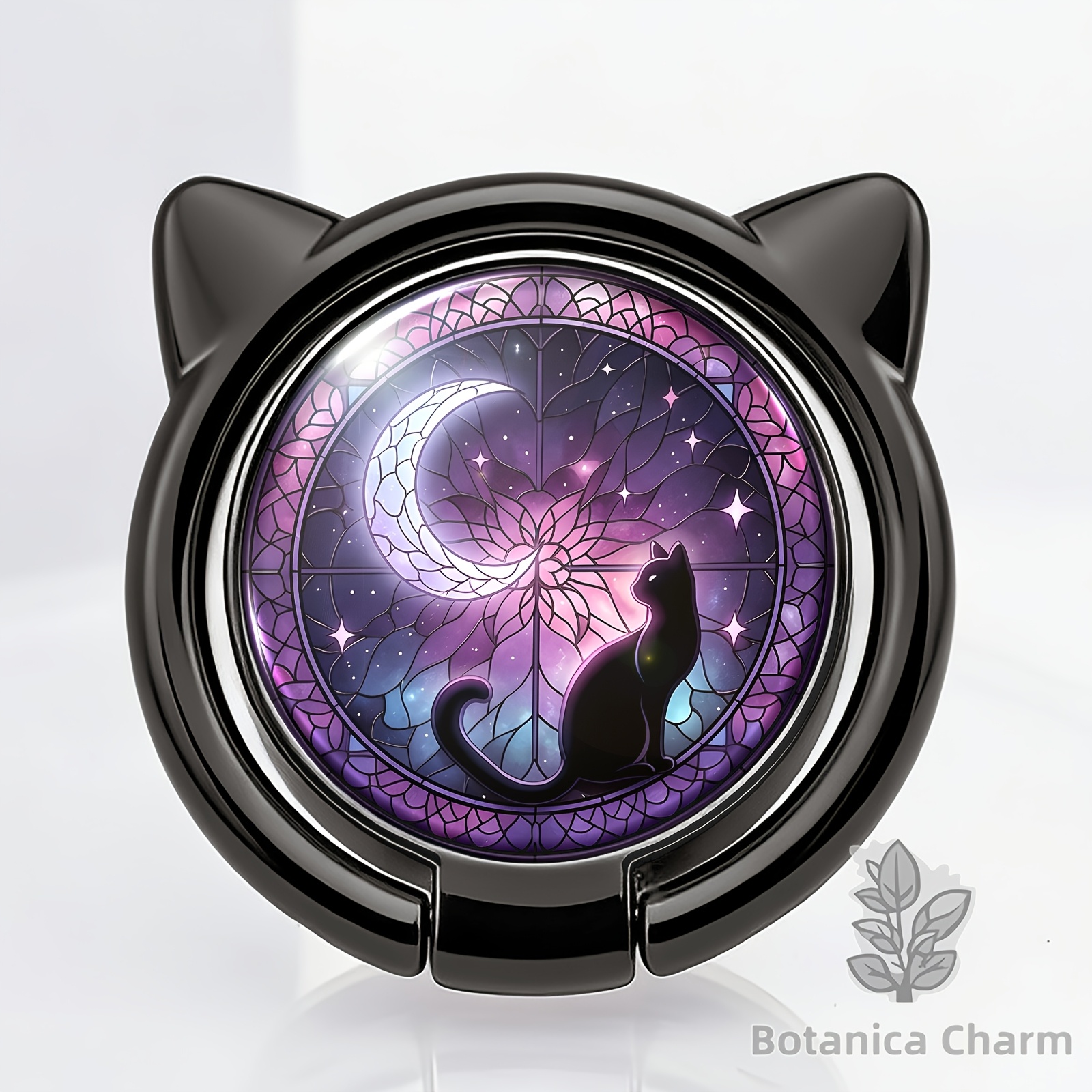 TEMU Cat Ear Shaped Starry Moon Painted Window Flower Pattern Phone Ring Holder, Metal Bracket, Portable Phone Holder, 360° Rotation, Compatible With