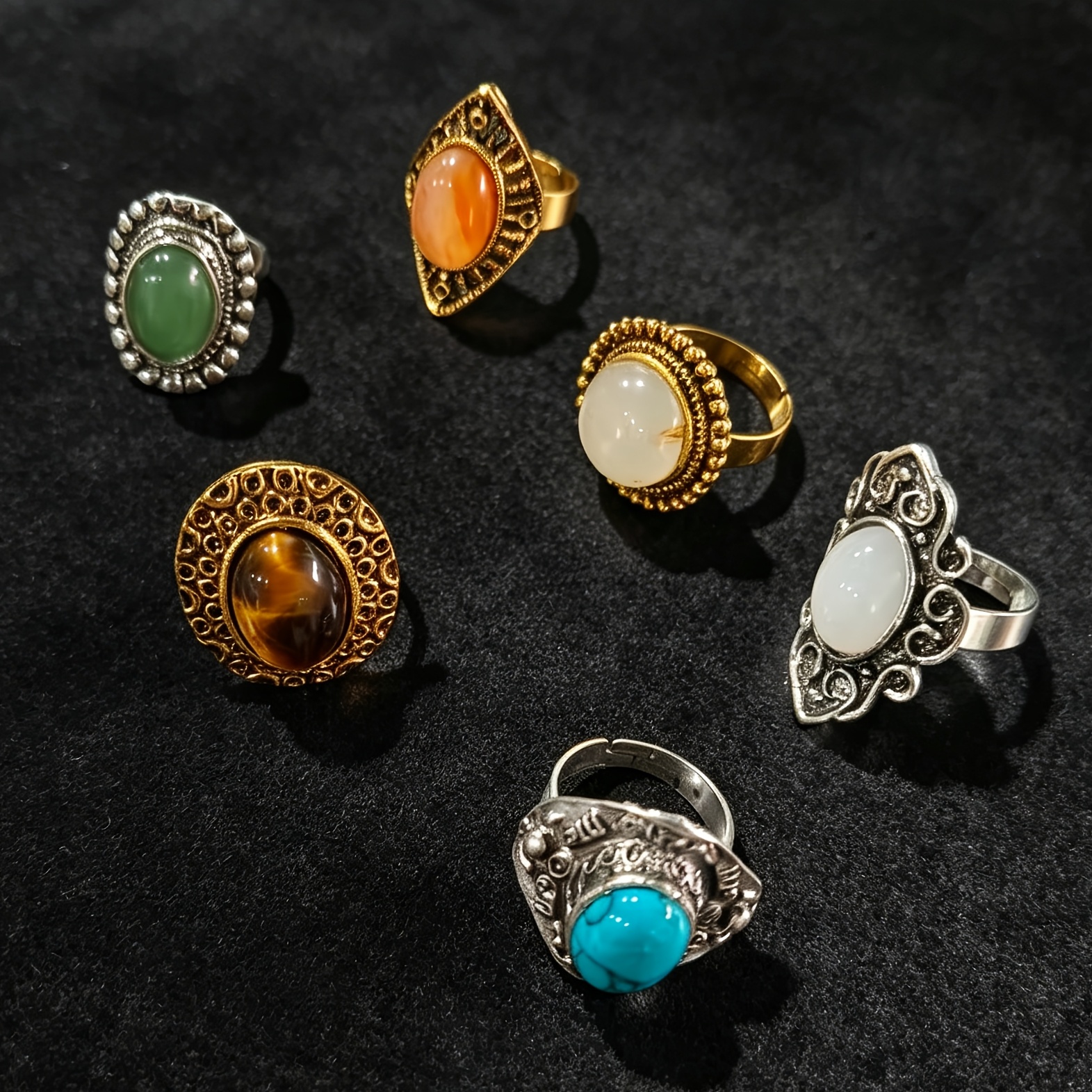 TEMU Juego de 6 anillos ovalados llamativos de estilo vintage, anillos apilables para dedo, regalo de joyería bohemia