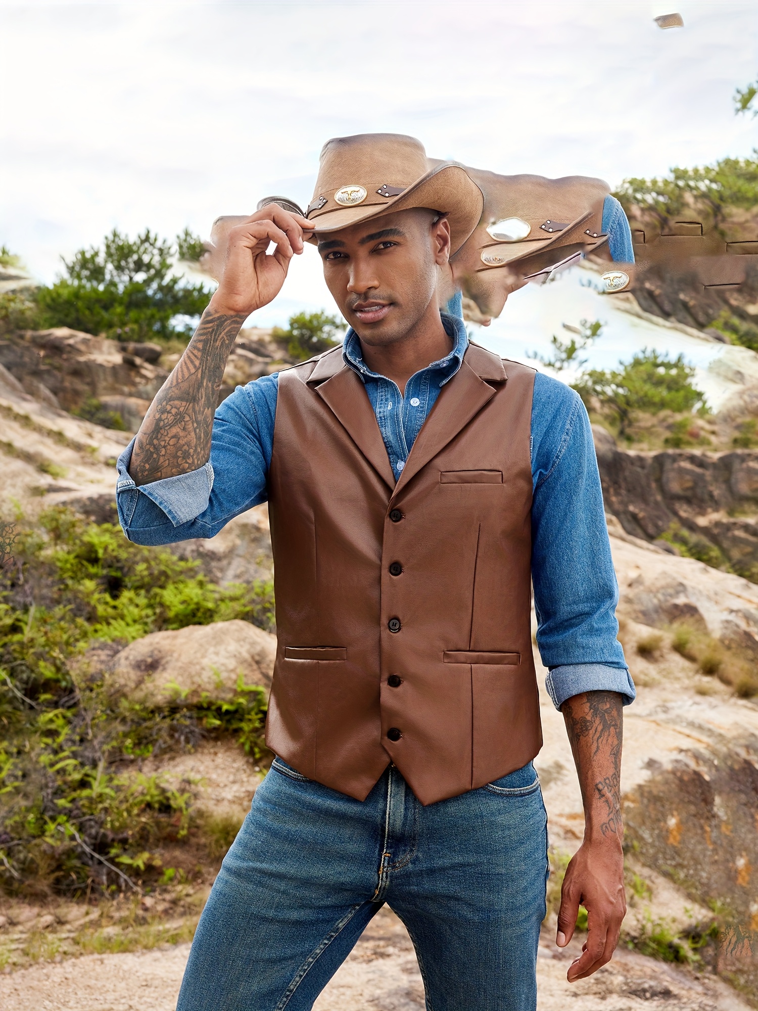 Chaleco de cuero sintético para hombre Vestido casual de vestir chaqueta  con cuello chalecos de cintura