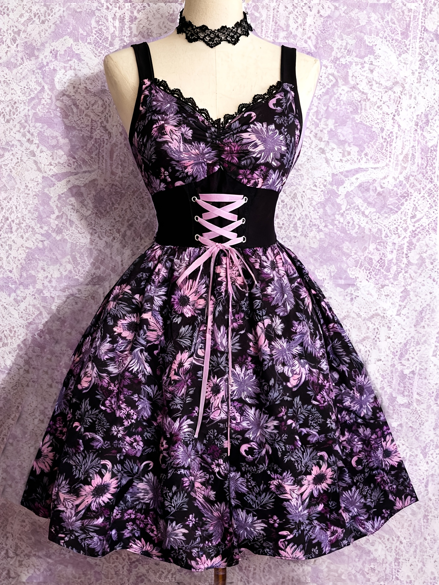 Vintage-style Floral Print Metal Eyelet Lace-up Waist-cinching Dress,  V-neck Women's Printed Dress, Vacation Casual *-fit Full Skirt Women's Dress