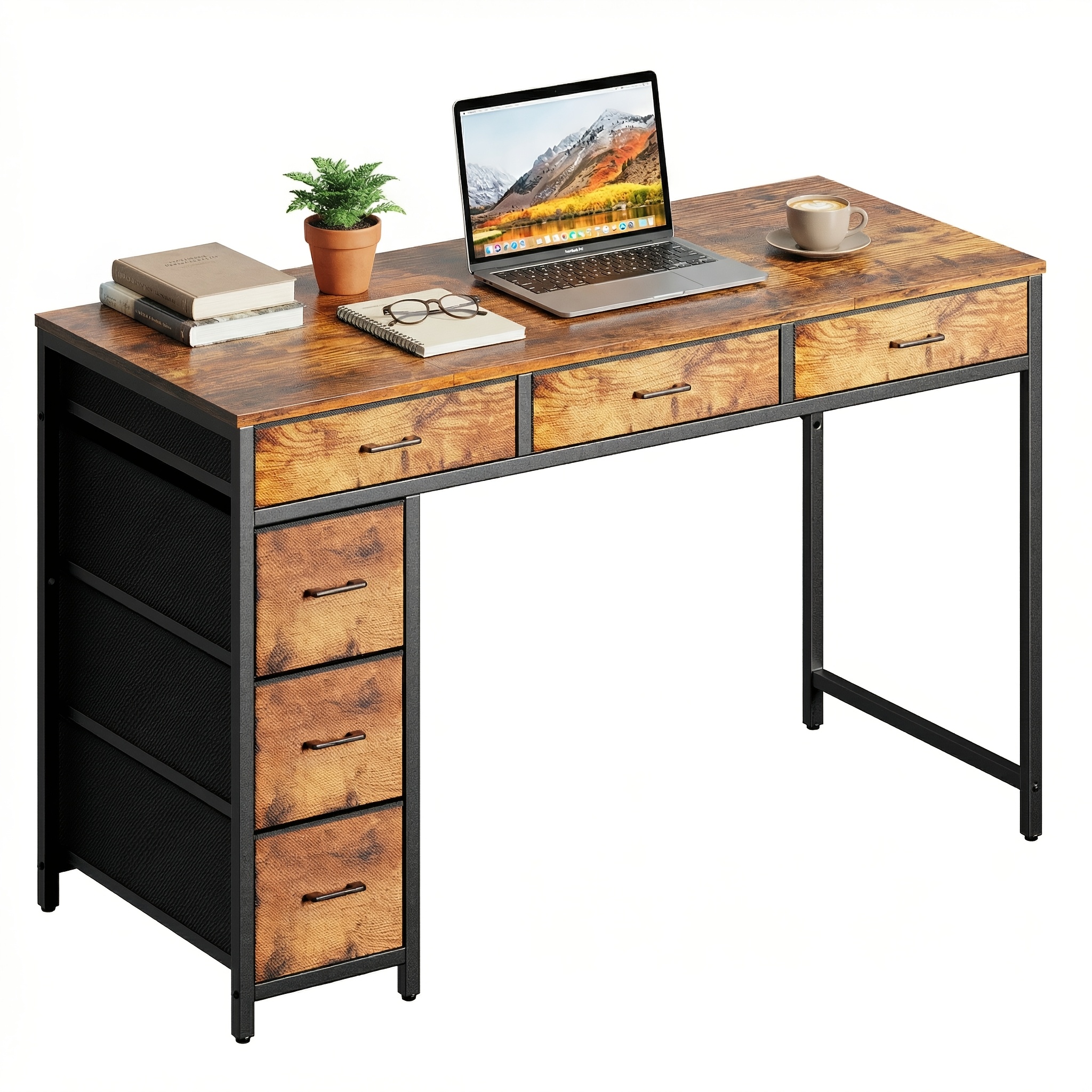 47-inch Computer Desk Featuring 6 Fabric Drawers, A Carbon Fiber Gaming Table With Triangular Support, Suitable For Office, Study, Work, And Gaming, In