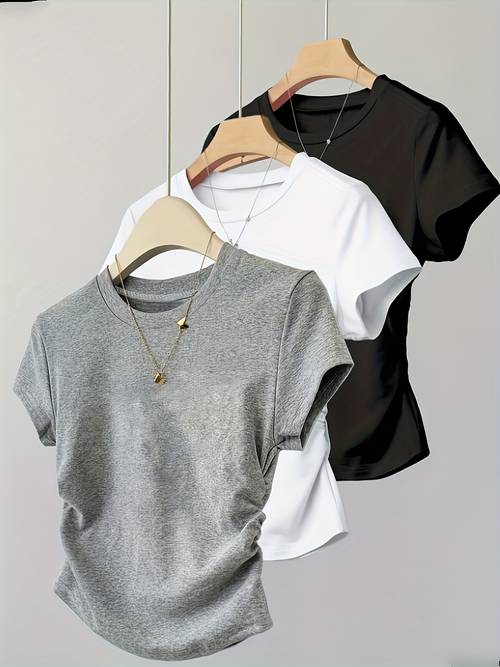 3pcs womens casual t shirt set soft round neck side ruched waist short sleeve top