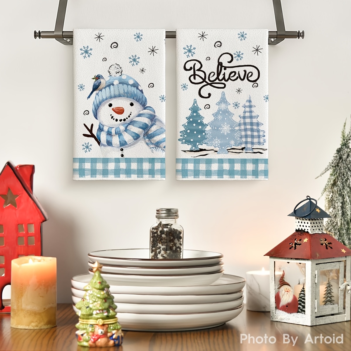 TEMU 2pcs Light Check Snowman Christmas Kitchen Towels, Waffle Weave Ultra Absorbent Dish Cloths, Believe Script Bird Pine Tree Snowflake Print Hand