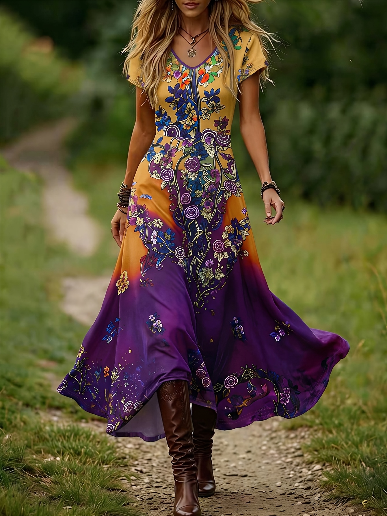 Women' Vintage Lavender * & Floral Maxi Dress - -Neck Vibration Suitable  for Weddings, Parties, Photo Shoots - Machine-Washable High-* Long Dress (-  Wear) - Elegant Costume