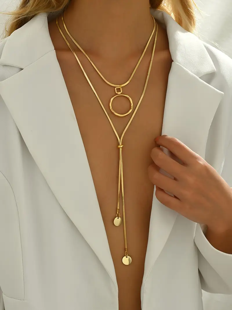 1pc elegant vintage shape double layered circle tassel necklace adjustable 18k golden plated stainless steel pendant for women ideal for daily wear and parties valentines day gift Product details 0