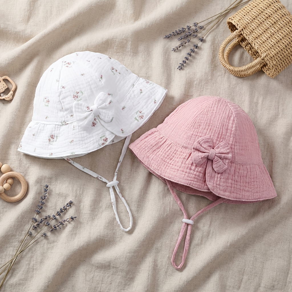 Image of 2pcs Set Of Girls' Outdoor Hats, , Featuring Flower And Bowknot Designs, Fisherman Hat With Flowers/pink Snap Button Adjustable Set, Suitable 0-3