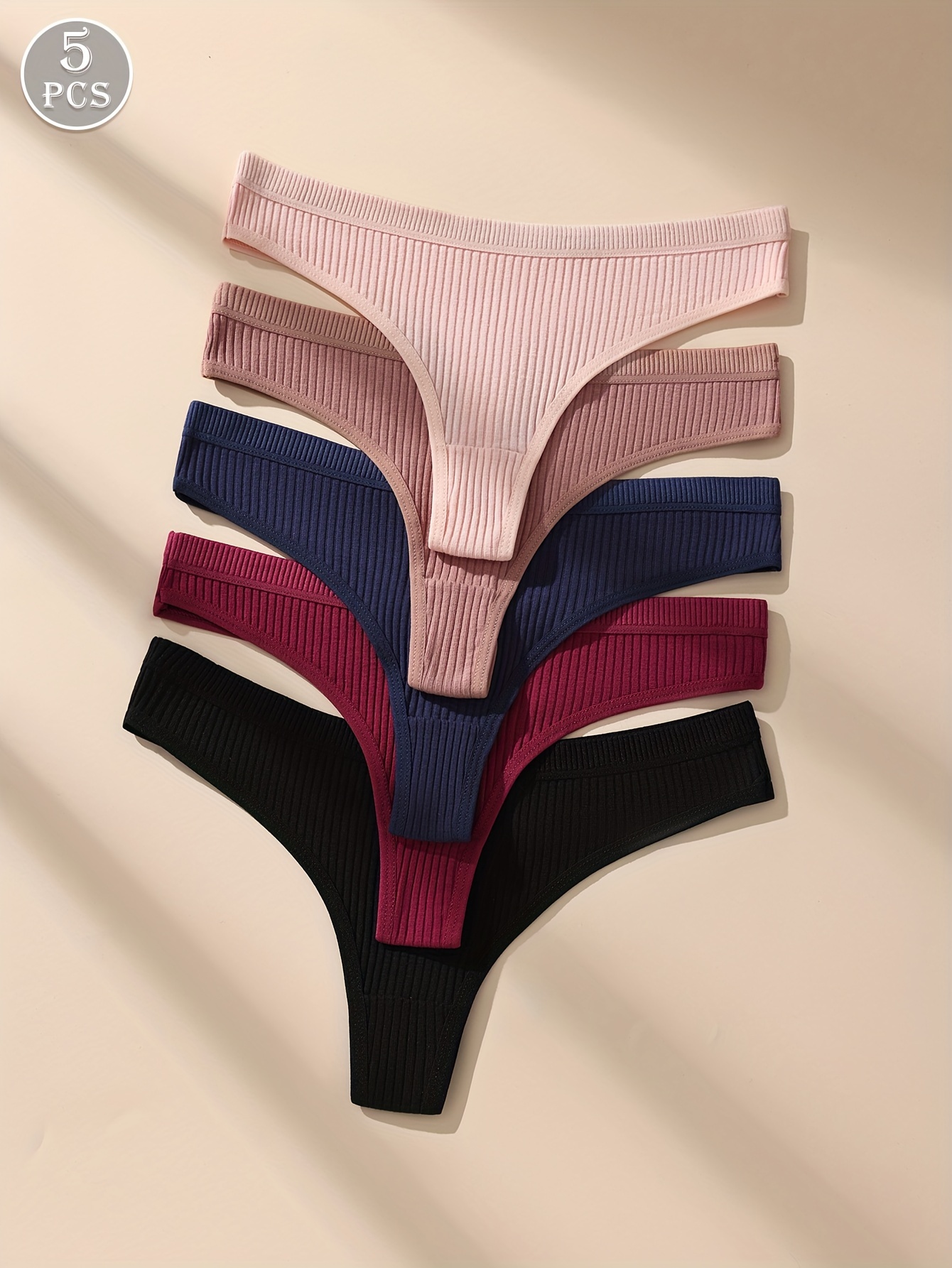5pcs Soft & Breathable Women's Thongs - Sexy Low-Rise Ribbed Underwear in Black, Navy Blue, Maroon, Dark Pink & Light Pink, Hand Wash Only