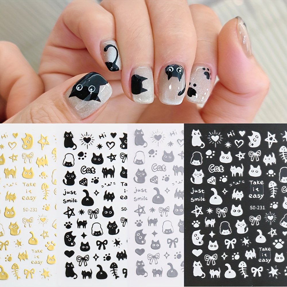 

2 4 Cute Cat Nail Stickers With Fun Doodle Cat Paw Patterns And Glitter Designs, Self-adhesive And Multi-colored Nail Stickers For Diy Nail Art Decoration For Women And Girls.