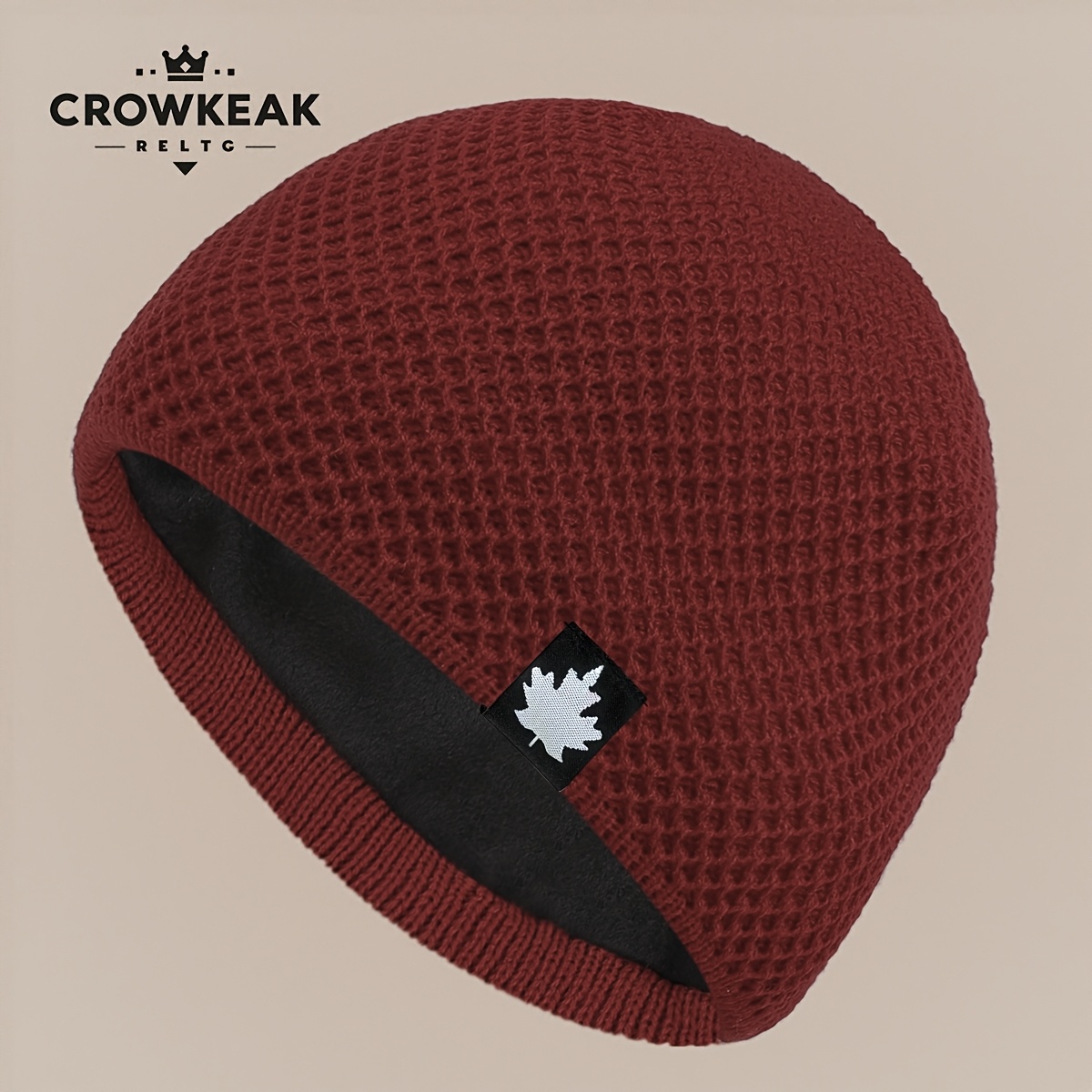 TEMU 1pc Maple Leaf Label Beanie, With Plush -lined Thickened Interior For Autumn/, Comfortable And Warm Skull Cap, Winter Ski Hat, Papa Trucker Hat,