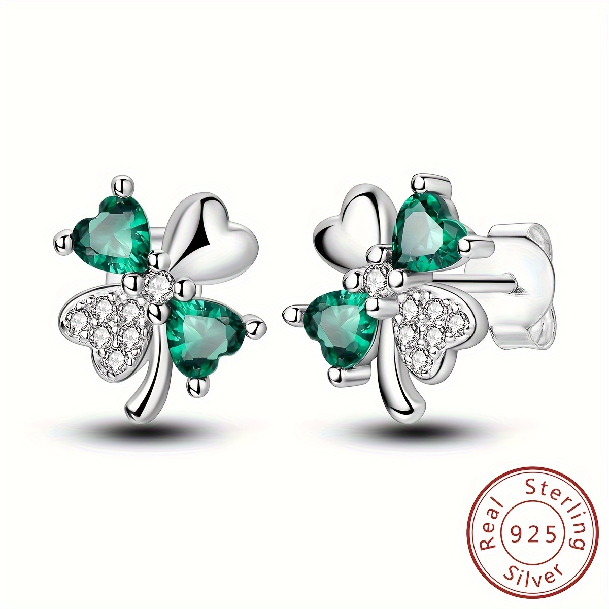 

Elegant 925 Sterling Silvery Four-leaf Clover Stud Earrings With Green & White Zircon - Hypoallergenic, Perfect For Weddings & Engagements Elegant Earrings Earrings Elegant