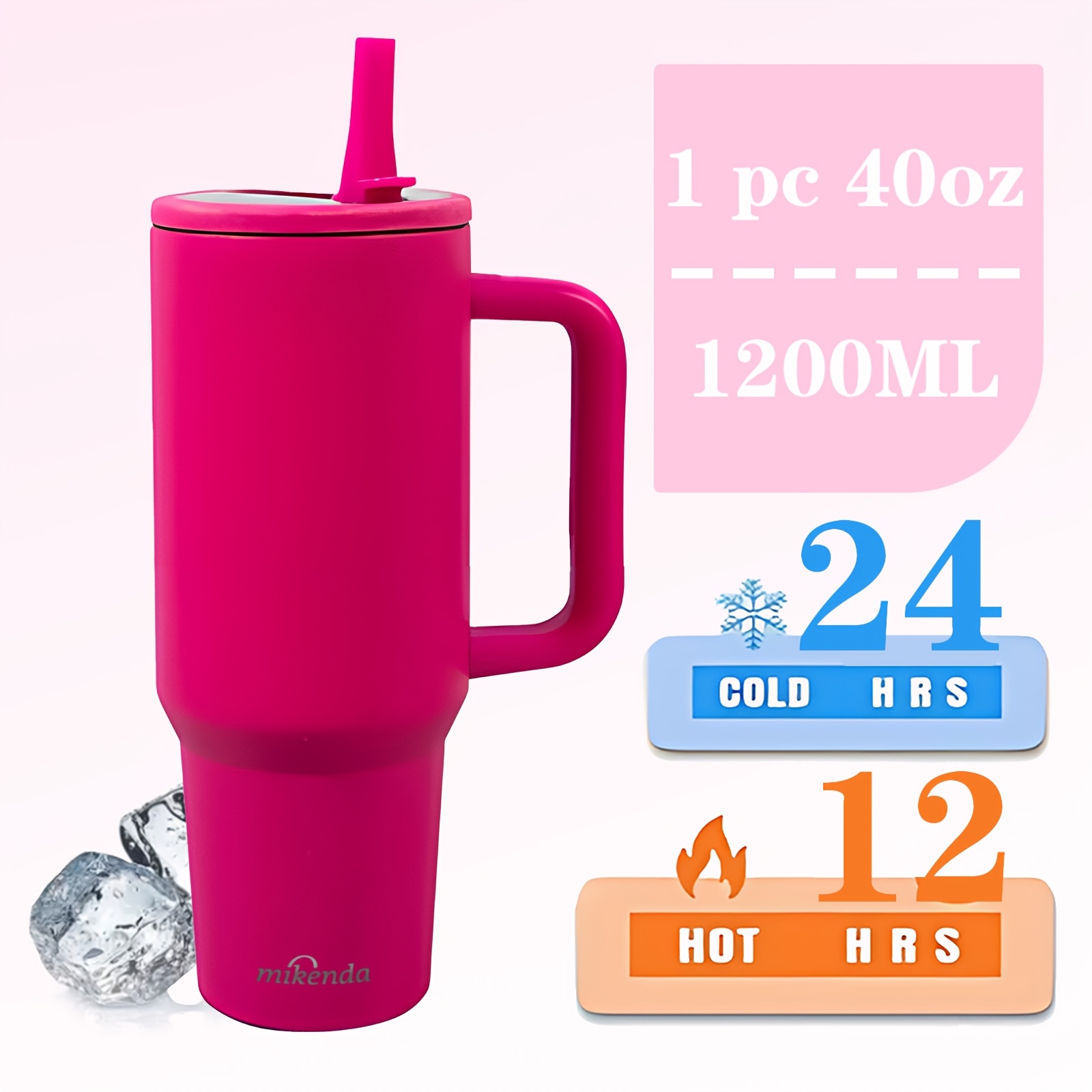 TEMU 1pc 40 Oz Stainless Steel Insulated Tumbler With Handle, And Plastic Polymer Lid, 8 Colors, Double Wall Vacuum Insulated, Hot 12h & Cold 24h,