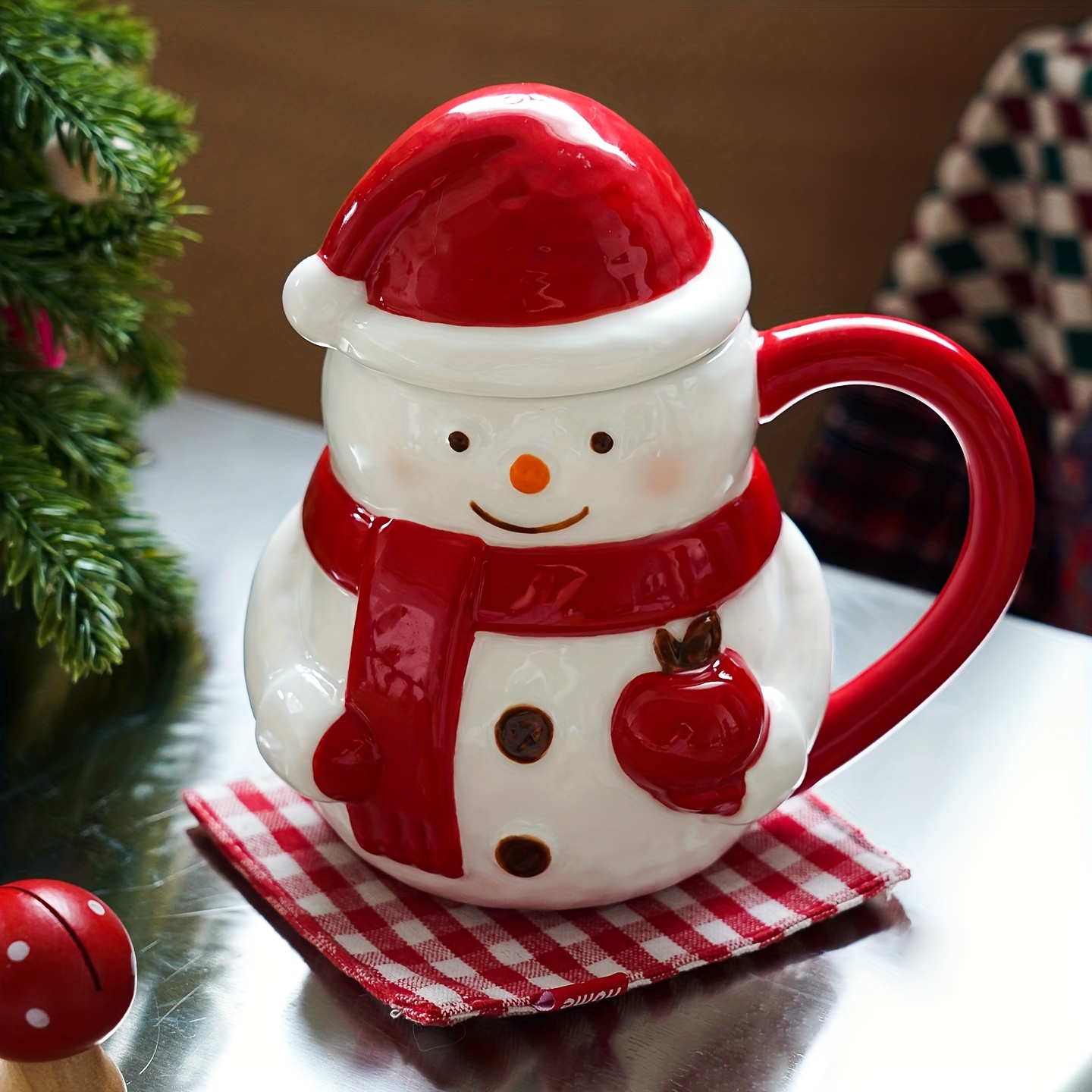 Image of A Whimsical Winter-themed Mug Featuring A Snowman Lid, This Ceramic Coffee Cup Set Makes For A And Unique Gift For Birthdays And Christmas. Perfect For Juice, Milk, Or Coffee