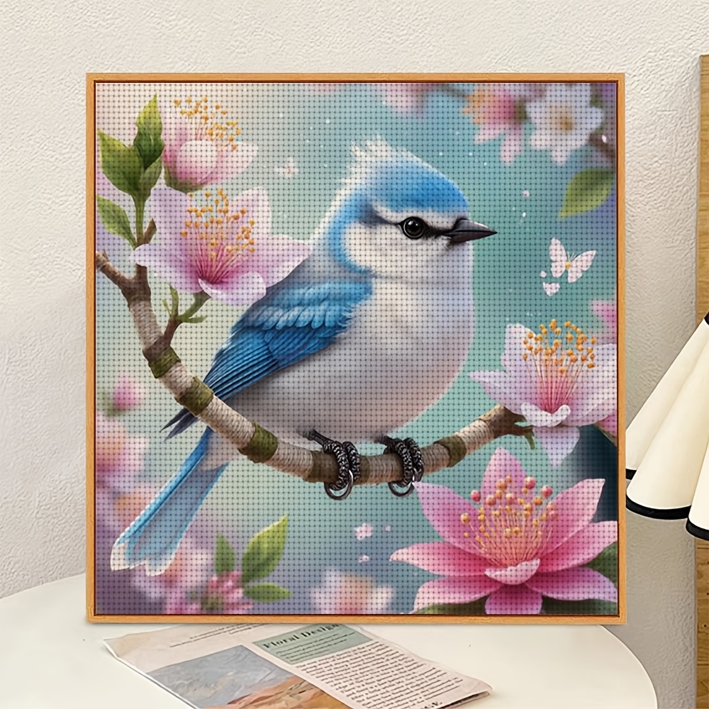 Cross Stitch Kit, Blue Bird on Branch with Pink Flowers