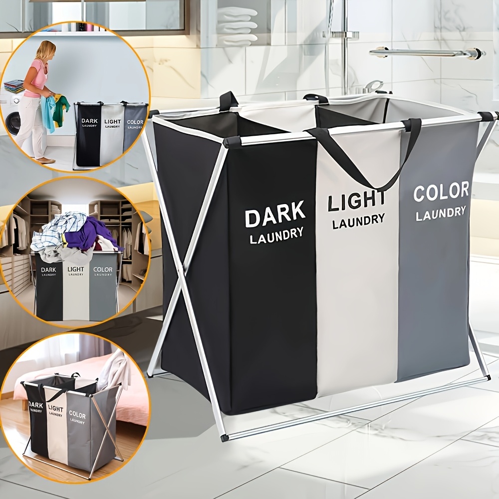 

3-section Foldable Laundry Sorter Basket, Metal & Pvc, Dark/light/color Separate, Waterproof , Aluminum Frame, Floor Mount, , For Home & Dormitory Washing Clothes Storage