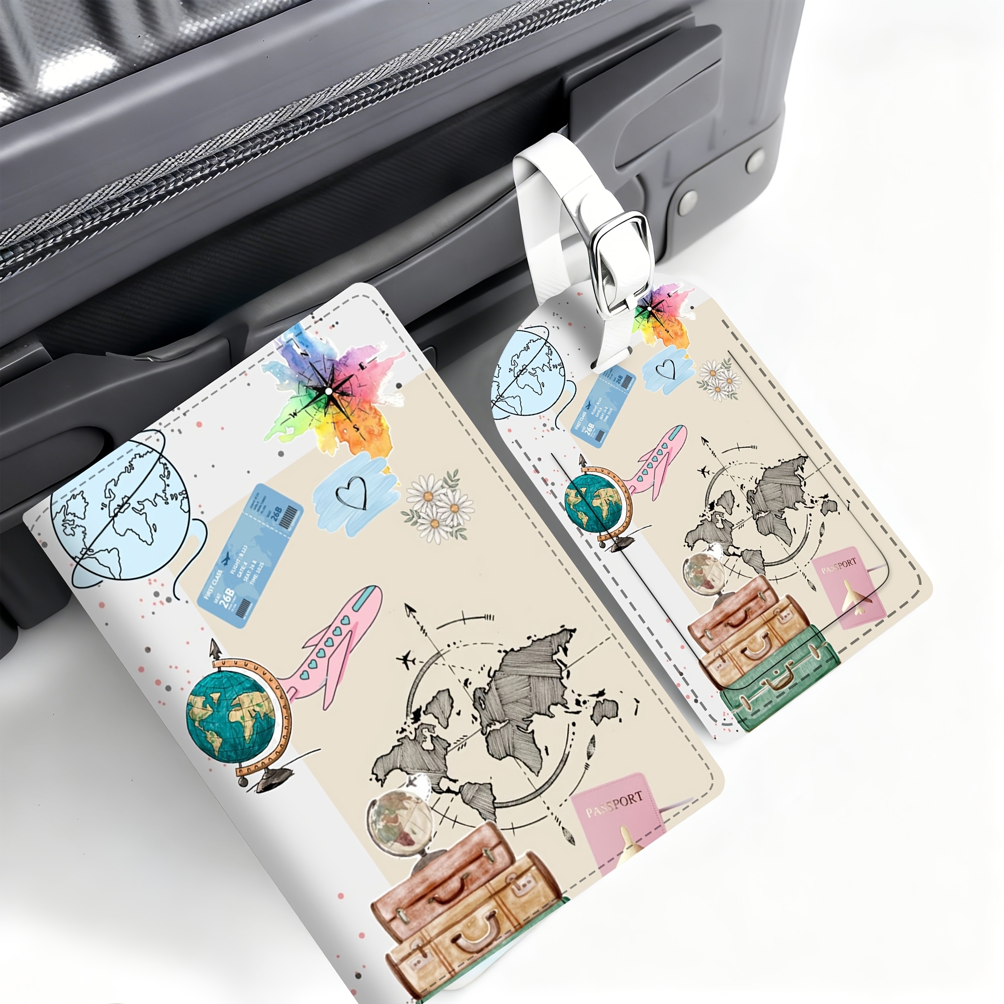 TEMU 2pcs Set Travel Icon Passport Holder Luggage Tag, Lightweight Pu Material, Suitable For Travel Bags, Backpacks, Gym Bags, Luggage Id, Boarding