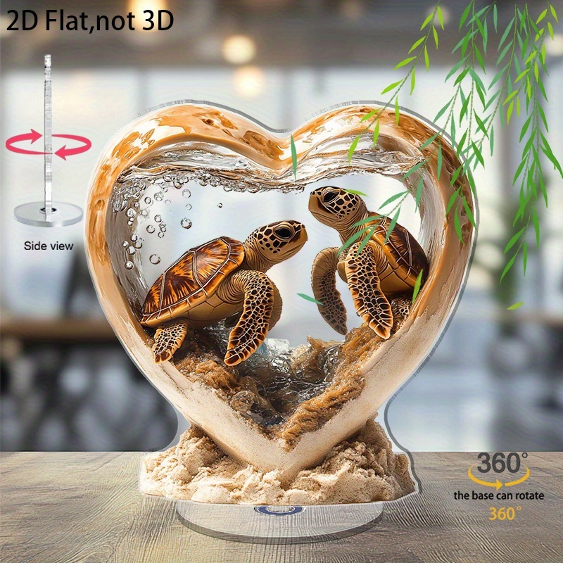 TEMU 2d Flat, 1pc Rotating Sea Turtle Ornament - Rotating Heart-shaped Base Suitable For Halloween, Christmas Decor, Themed Tabletop Decoration, No