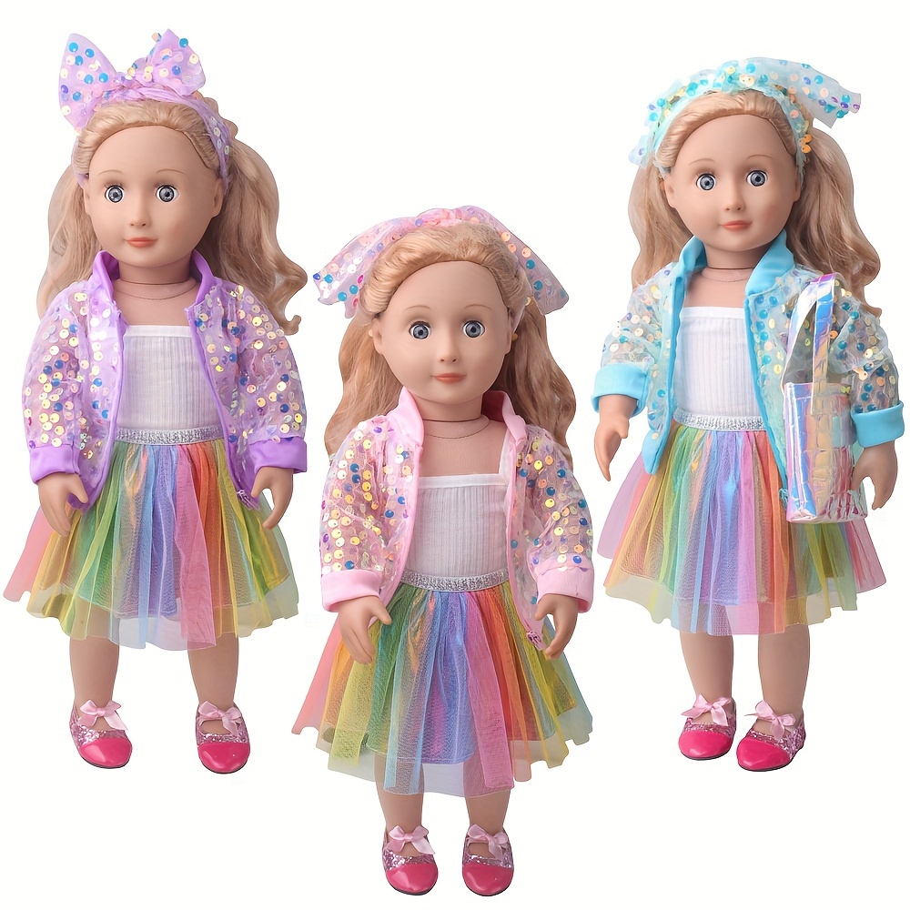 

1 Set Sequin Dress Set For 18in/45cm Doll, Undershirt+jacket+dress+hairband, Doll Costume Accessories, Gift For Doll Lover, Christmas Gifts, Not Doll