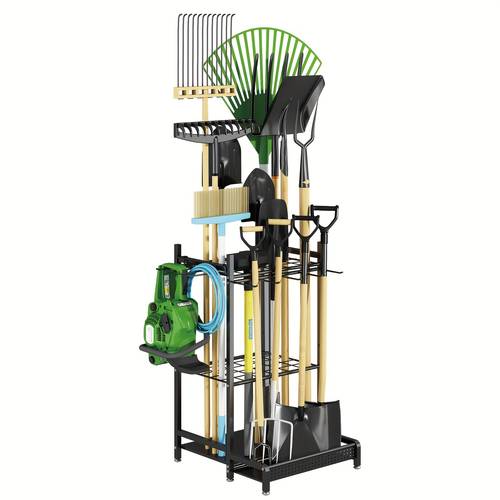 garden tool organizer for garage utility storage racks with hooks metal yard tool stand holder organizer for long handled broom shovel rake sturdy heavy rack for outdoor yard black