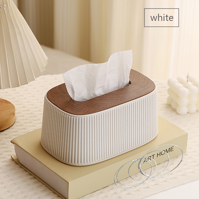 TEMU 1 Nordic Minimalist Style Tissue Box, Featuring A Trendy Ins Cream-colored Design With Vertical Stripe Decoration. This Wooden-lid Tissue Box
