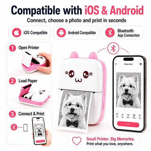 Pocket Printer, Portable Wireless Mini Thermal Printer, Inkless Wireless Photo Printer for Stickers, Labels, Receipts, And Journals, Compatible with Ios/ Smartphones
