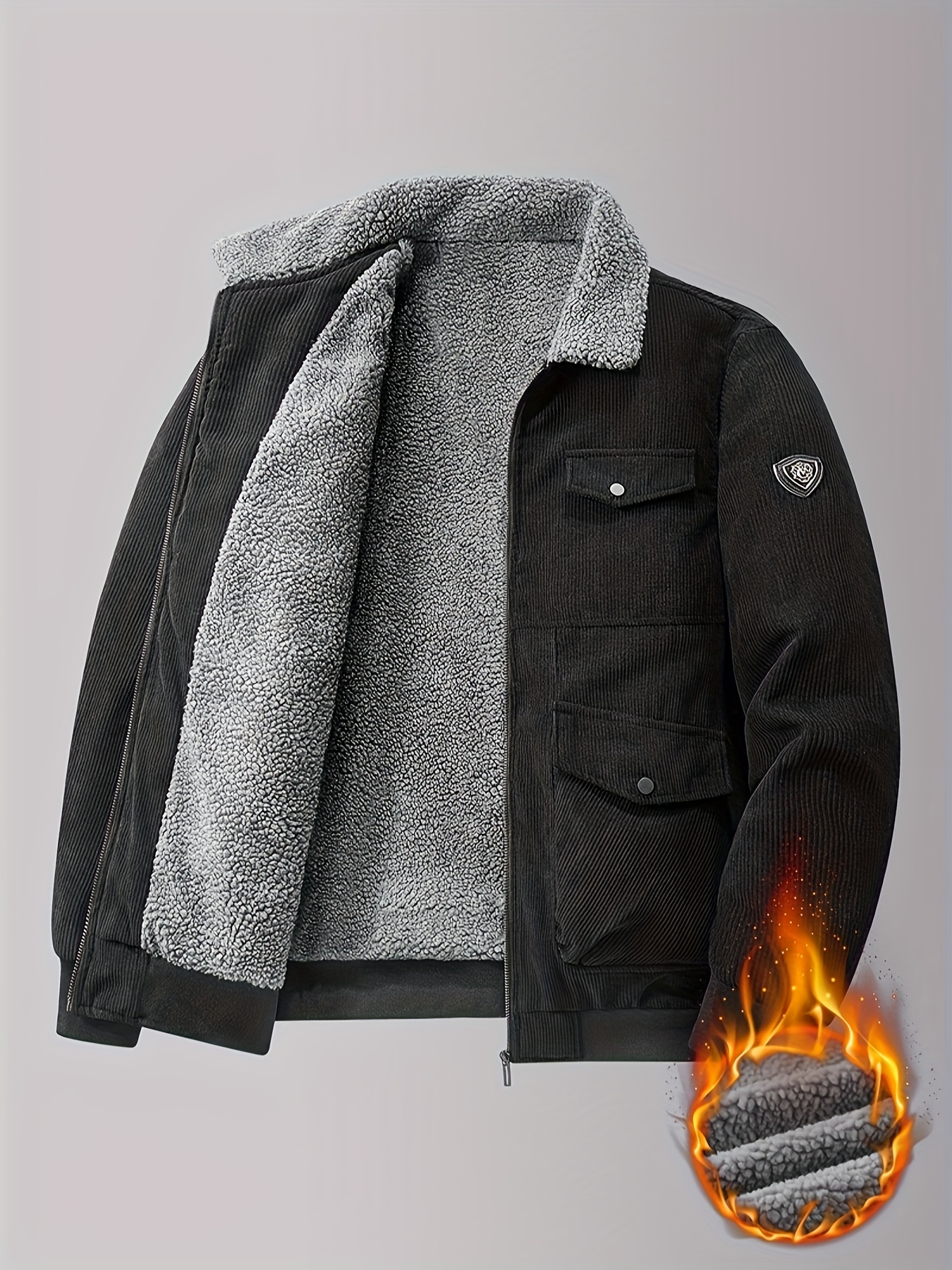mens fashion black corduroy jacket with plush lining   large pockets zippered collar   autumn and   Product details 0