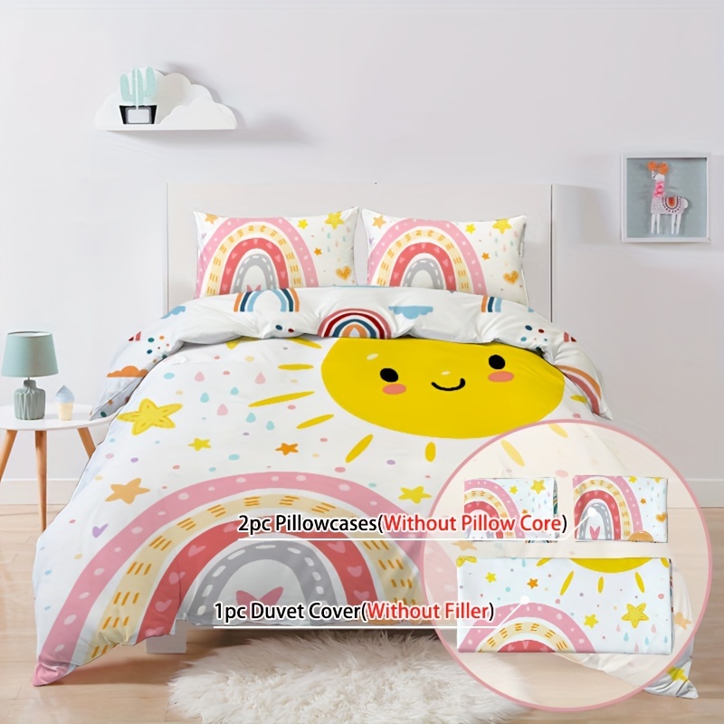 

3-piece Sun And Rainbow Cartoon Duvet Cover Set - 100% Polyester Breathable Fabric, Digital Print, Machine Washable, Includes 1 Duvet Cover & 2 Pillowcases (no Insert) - Soft, All-season Comfort