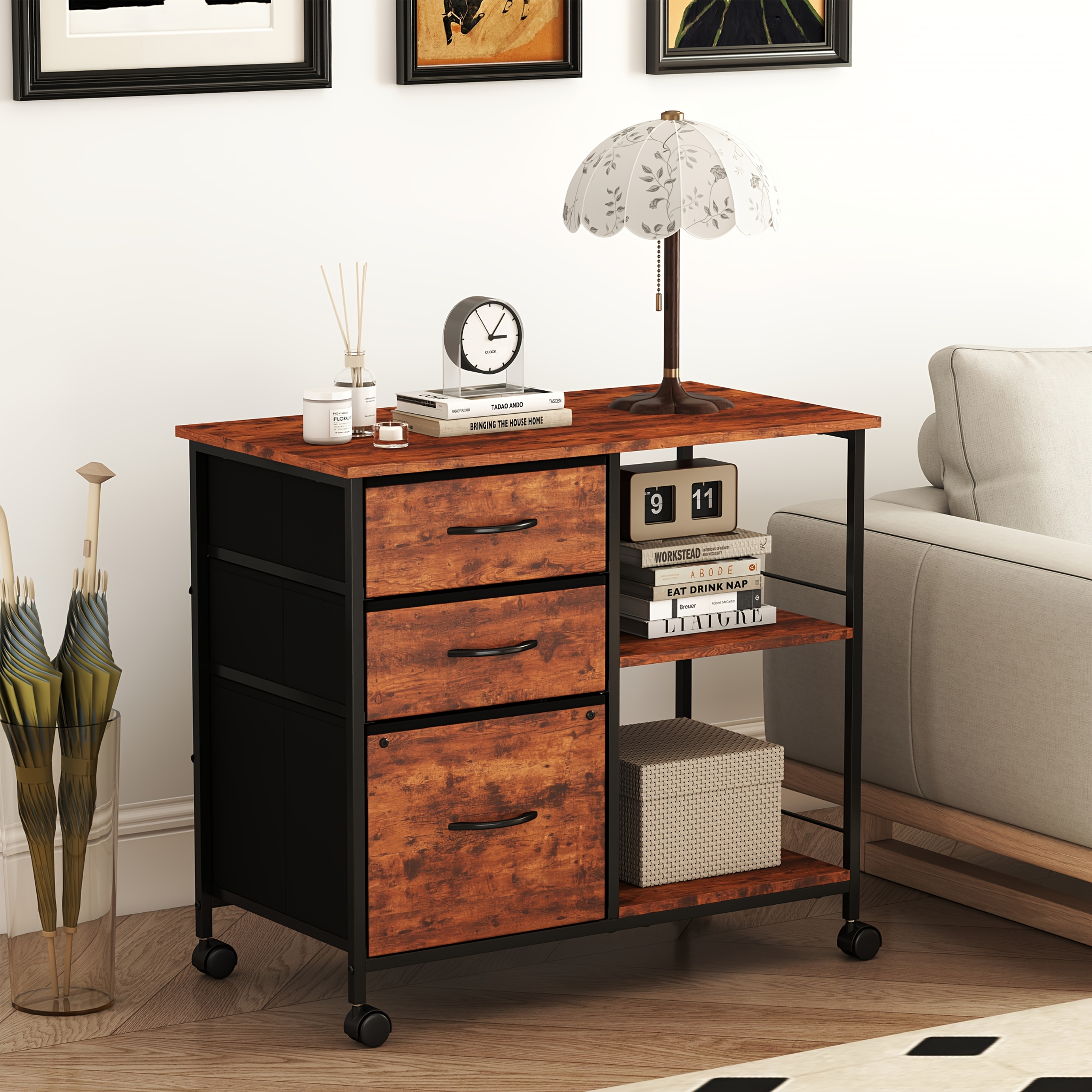 Image of Mobile Storage Cabinet With 3 Drawers And Shelves, Printer Stand With Shelves, Mobile Side Table Storage Cabinet Suitable For Living Room, Bedroom And Home Office