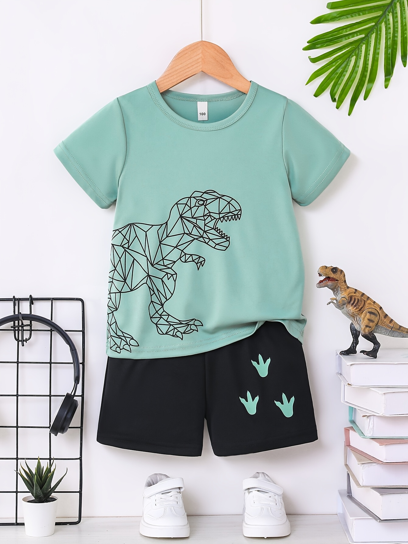 2pcs set of boys summer casual and fashionable plain color cartoon dinosaur pattern printed round neck short sleeved t shirt and dinosaur footprint pattern printed sports shorts childrens summer lightweight comfortable versatile trendy sportswear very suitable for outdoor activities and daily wear as gifts the  
