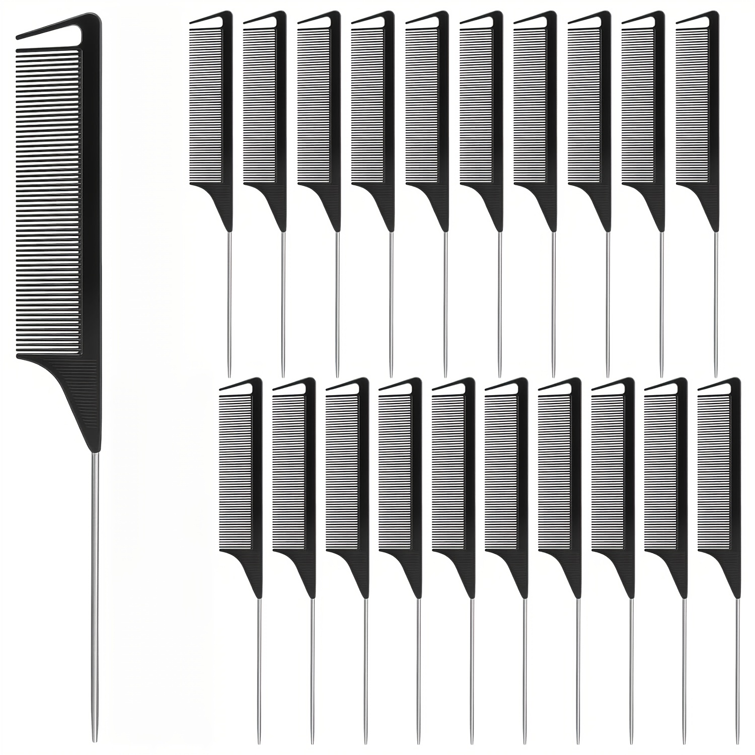 TEMU 20pcs Rat Tail Comb Carbon Resistant Teasing Comb With Metal Pick Styling Parting Lightweight Sectioning Fine Tooth Combs For Women Girls,