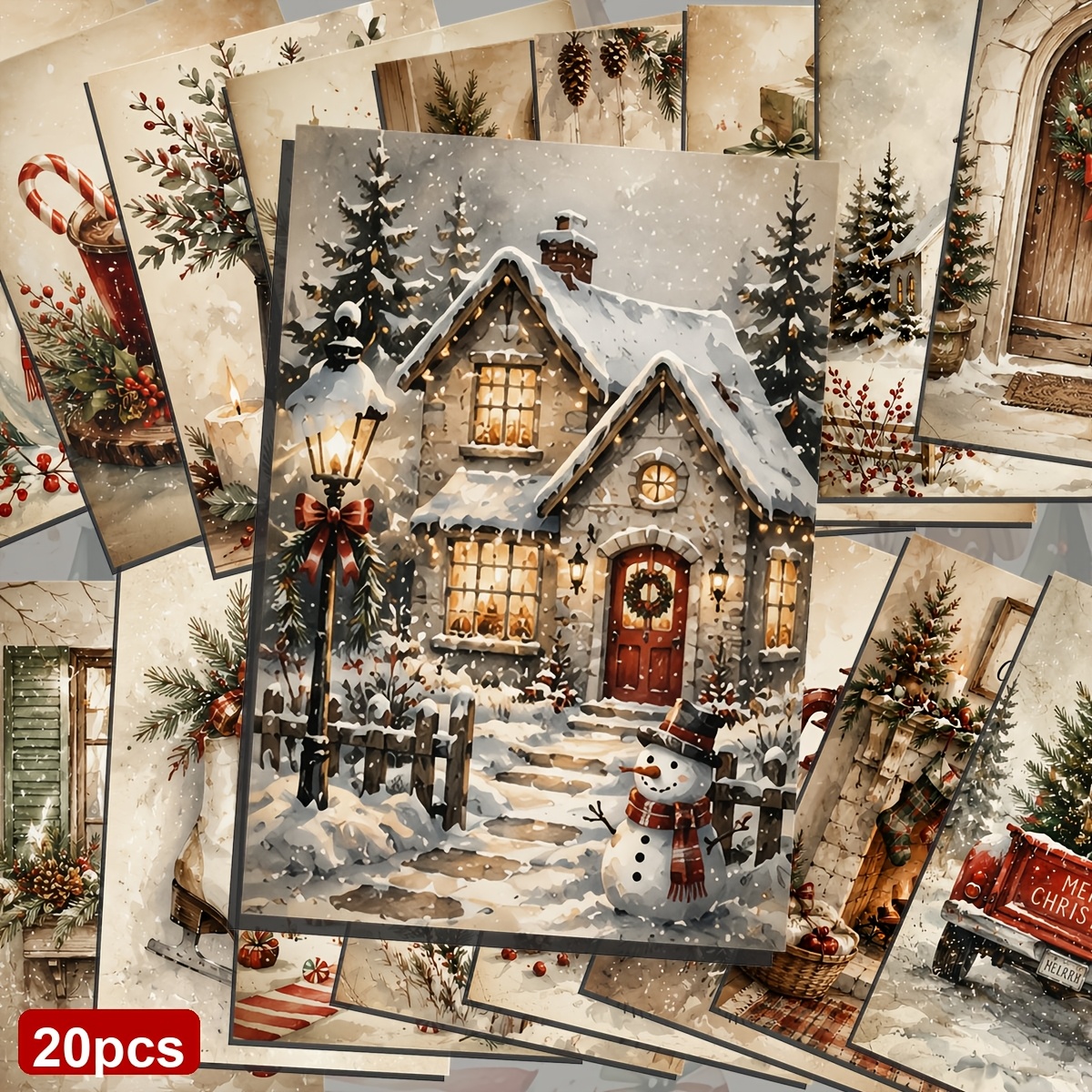 TEMU 20pcs Whimsical Christmas Holiday Postcards - 3.9x5.7inch Collectible Festive Cards, Featuring Rustic Winter Scenes And Vintage Cottagecore