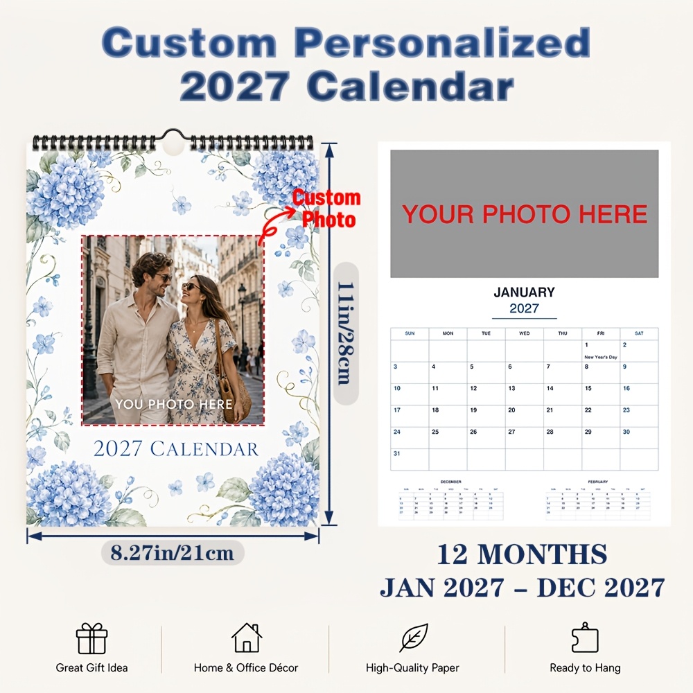 TEMU Custom Your 2027 Photo Calendar, 21 X 28cm, Printed On Thick Paper, With Convenient Hooks. Customized With Family Photos, Couple Photos, Or