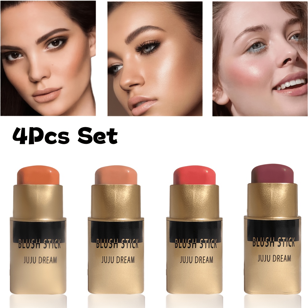 4pcs Cream Blush Stick Set, Waterproof Long Lasting Matte Face Blusher, Lightweight Multi-use Cheek Tint & Lip Contour Makeup Stick, Natural Shimmer Beauty Cosmetics Gift Pack For Women