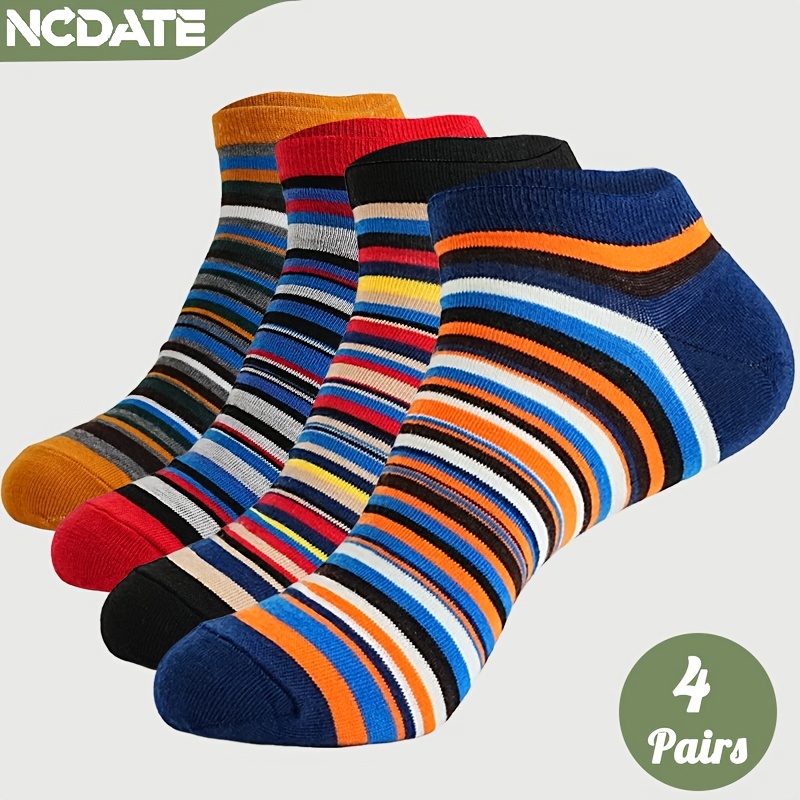 TEMU 4 Pairs Ncdate Men's Striped Color-block Socks - Soft Breathable Suitable For Daily Wear & Outdoor Sports, Sweat-wicking Athletic & Casual