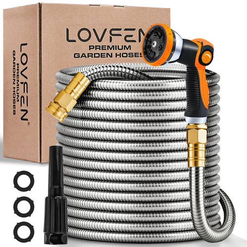 item picture 100ft stainless steel garden hose and flexible with type 10 nozzles lightweight metal hose for garden and outdoor use including brass connectors and rubber gaskets 25ft 50ft 75ft 100ft 150ft kit