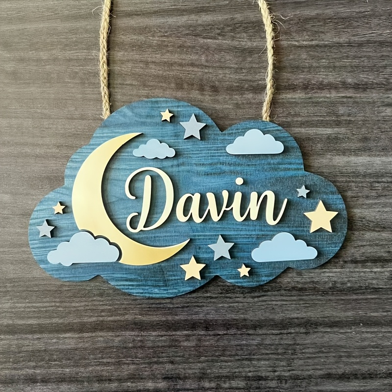 TEMU 2d Flat, 1pc Name Plaque - Custom Cloud & Moon Wall Decor With Name/text/initials, Door-mounted Artificial Sign Suitable For, Room, Housewarming