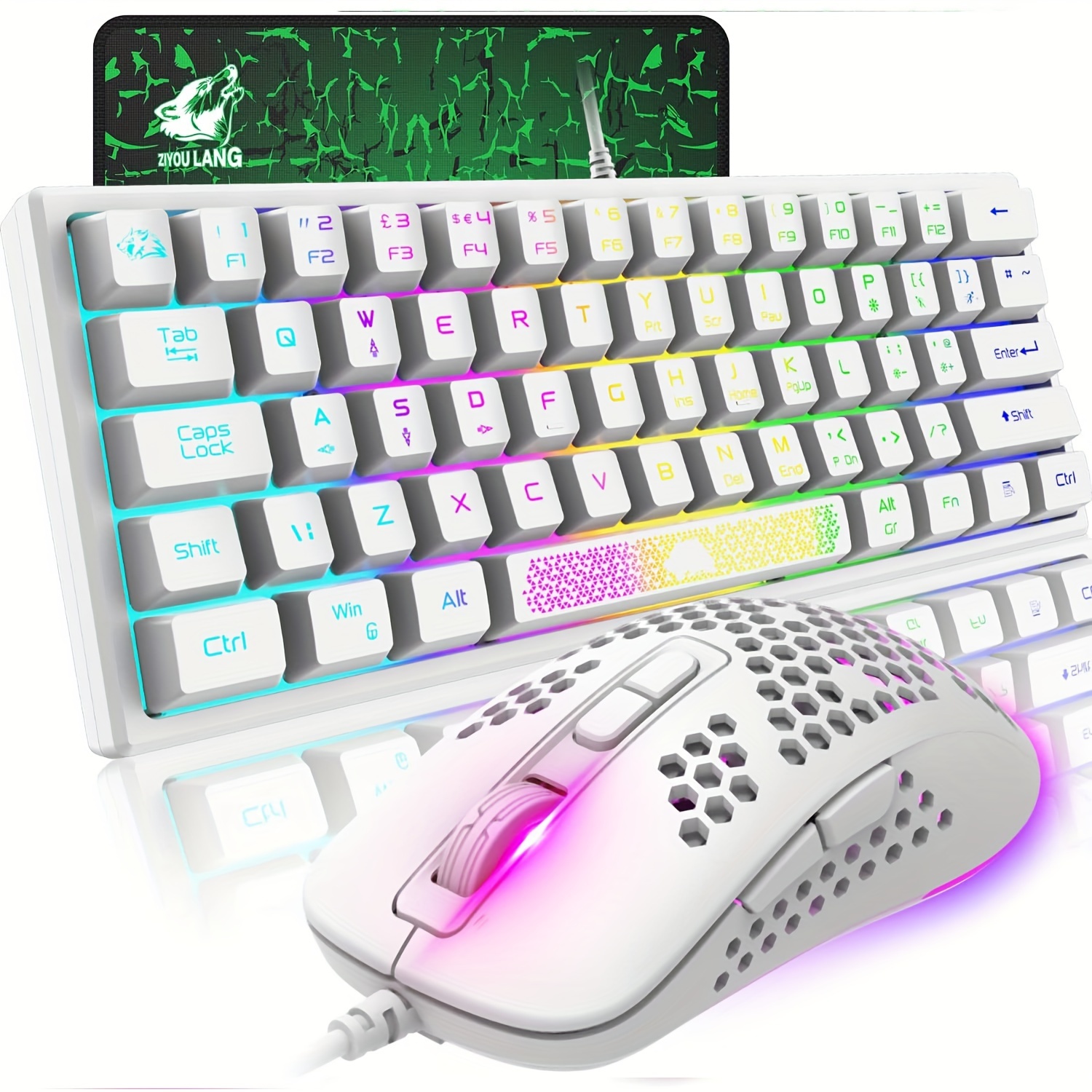 TEMU 60% Gaming Keyboard And Mouse, Rainbow Led Gaming Keyboard With Wired Mini Portable Ergonomic 2400 Dpi Ultralight Gaming Honeycomb Shell Mouse,