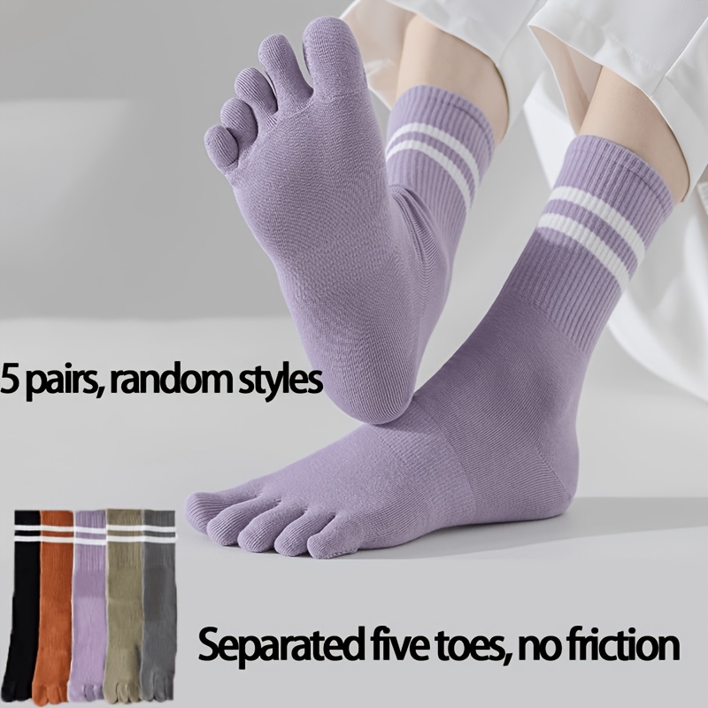TEMU 5-pair Random Assortment Of Women's Five-toe Socks, Mid-calf Striped Design, Sweat-absorbent And Breathable Without Causing Stuffiness, Separate