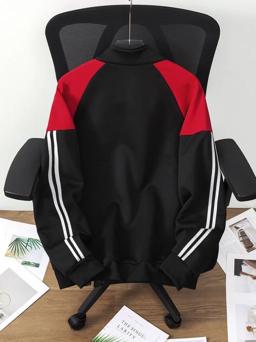 outdoor travel all match sweatshirt dual english letter number label side stripes mens half open casual mens clothing