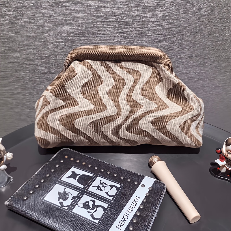 TEMU Women's Clutch Bag, Travel Knitted Clutch, Fashionable Striped Makeup Bag With Large Capacity, Versatile Daily Contrast-color Clutch With Clasp,