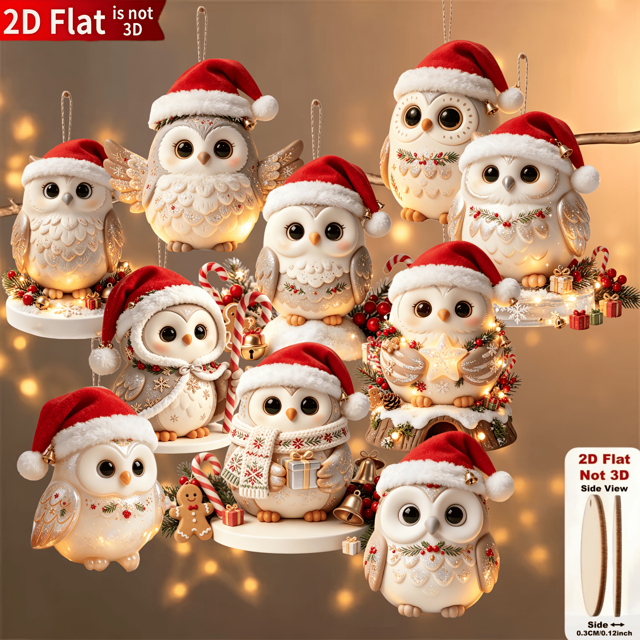 TEMU 2d Flat, [2d Flat] 10pcs Christmas Owl Hanging Ornaments, Christmas Hanging Decor Set, 2d Flat Wooden Hanging Ornaments, Christmas Tree