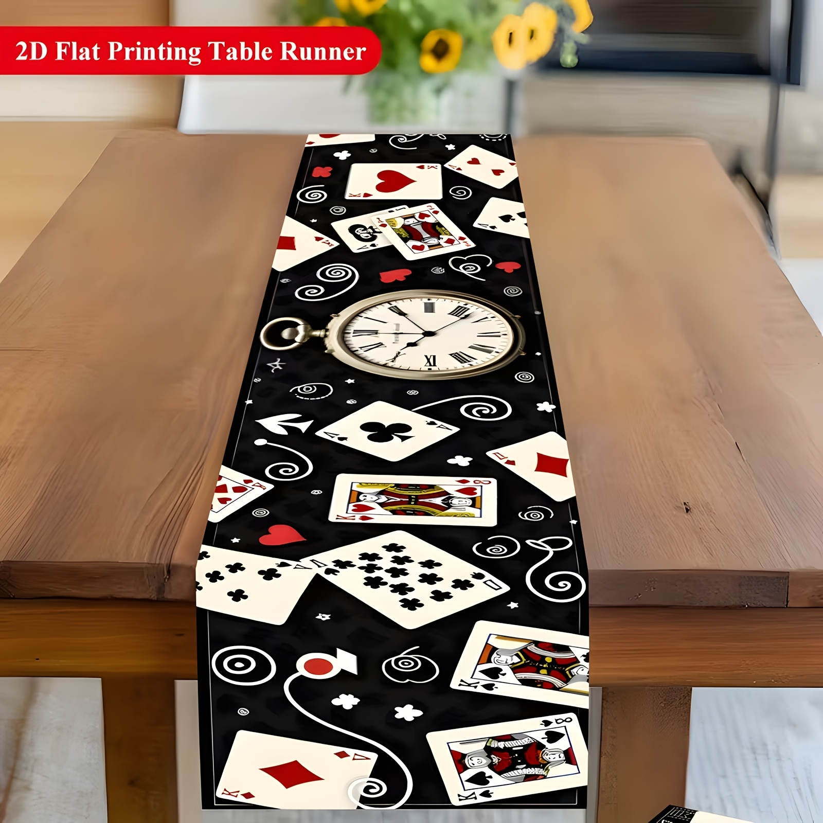 TEMU A 2d Tablecloth Featuring A Clock And Playing Card Design, Made Of Rectangular Polyester, Suitable For Dining Tables, Coffee Tables, And Home