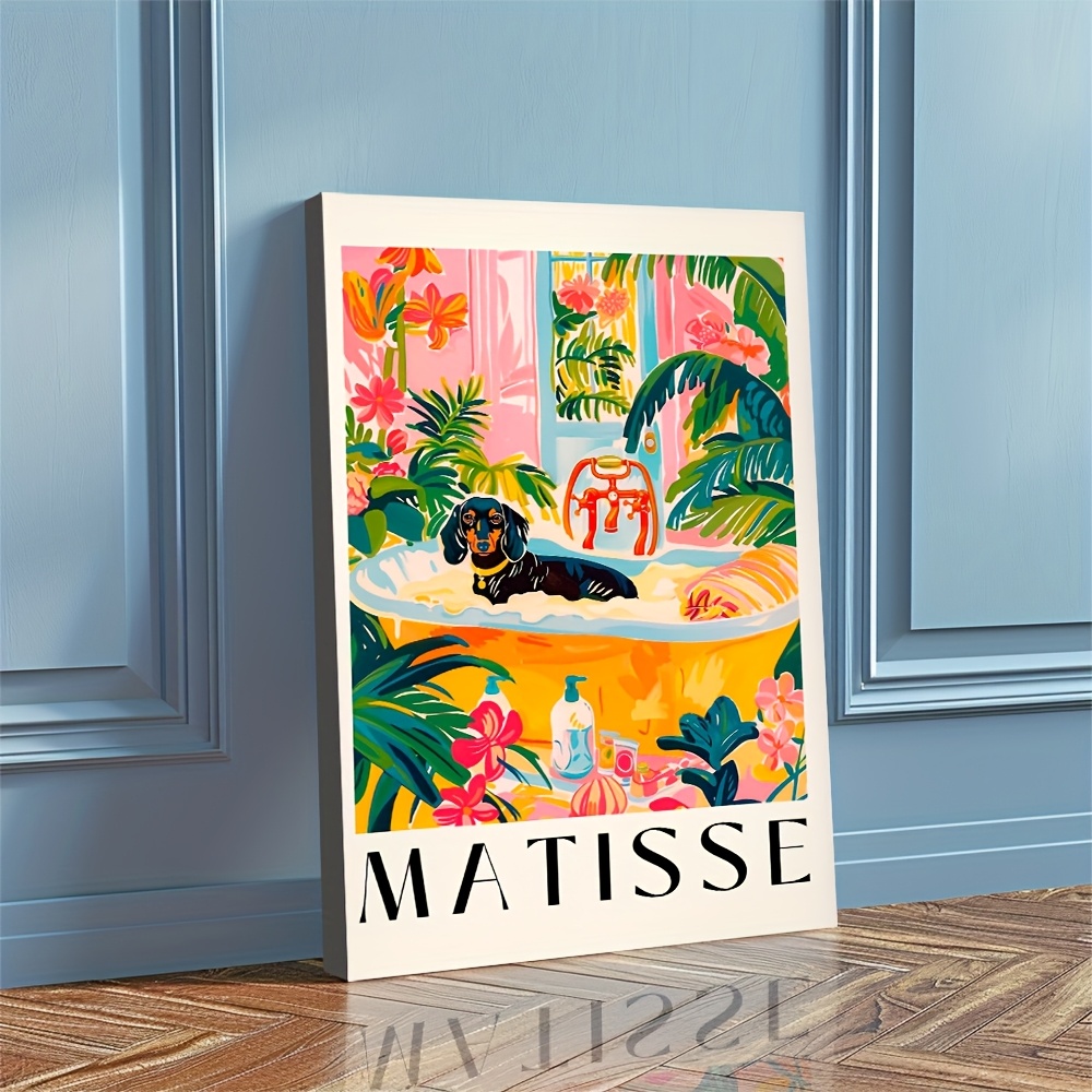1pc wooden framed canvas painting poster black dachshund in a bathtub funny bathroom   century   wall art matisse print dopamine decor pink tropical poster valentines day gift for room decor wall art decor painting     hung 0