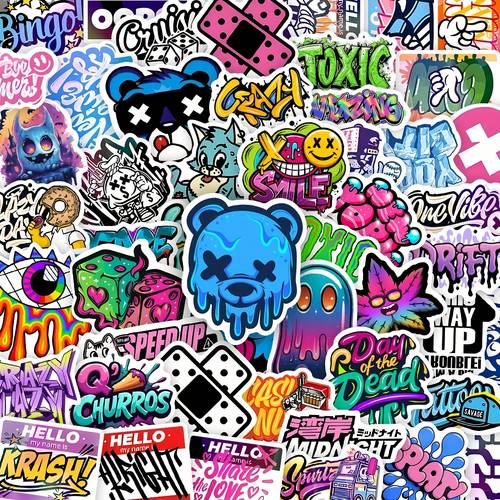 50pcs sticker set featuring colorful urban style cartoon vinyl stickers with melting and patterns suitable for laptops skateboards water bottles and diy decoration