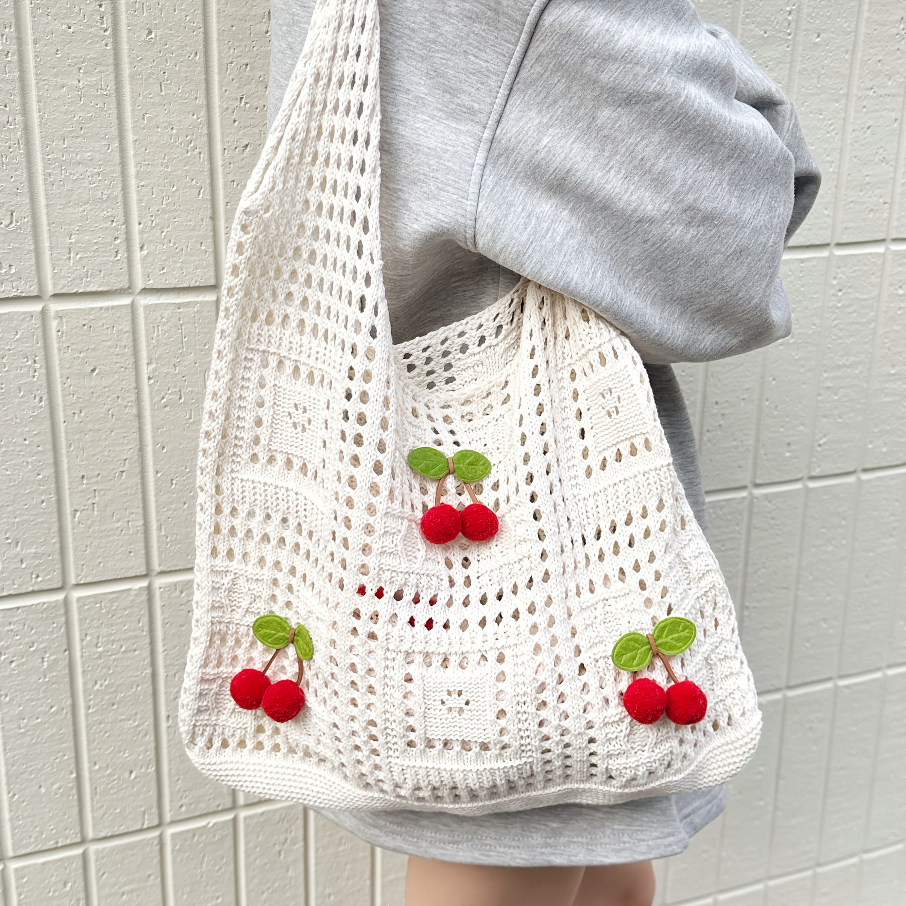 E-shop Modische Damen Sommer Kirschmuster Strand Hollow-Out Hobo Tasche, Große Kapazität Tragetasche, Damen Casual Schultertasche Reiseaccessoires