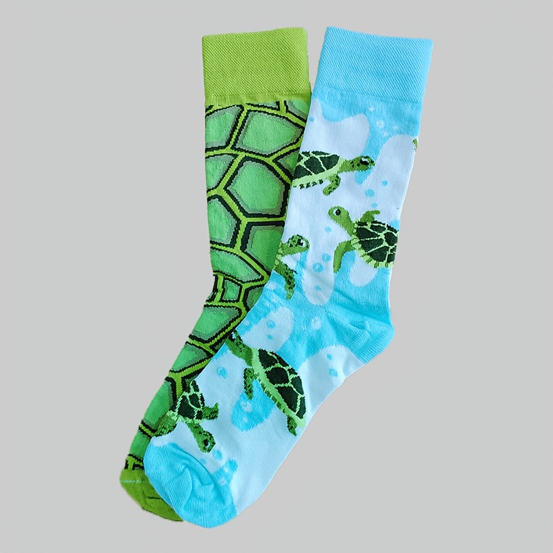 TEMU 1 Pair Of New Versatile Asymmetrical Sea Turtle Cartoon Jacquard Mid-tube Socks For Men And Women, Breathable And Suitable For , Daily Casual