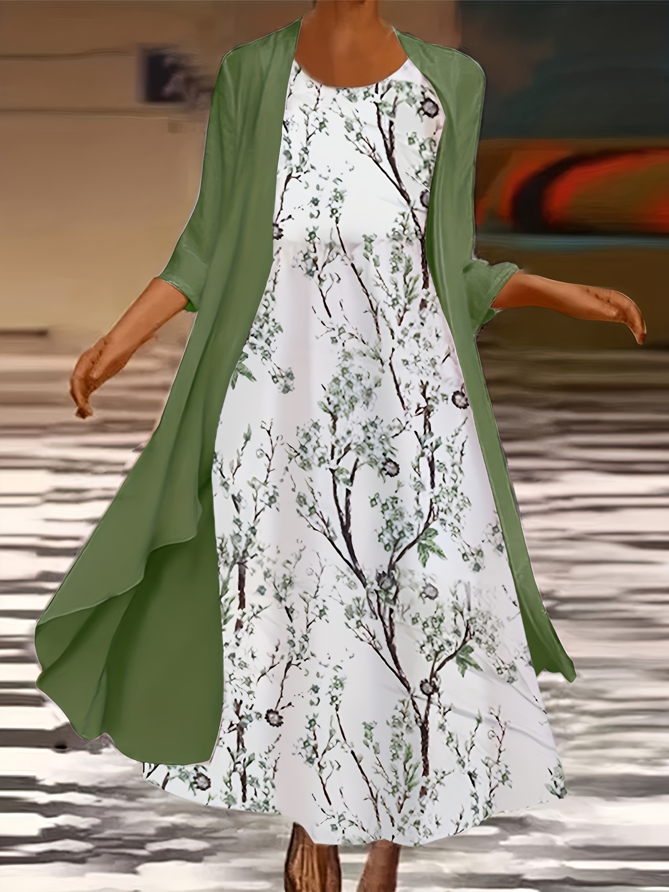 Plus Size Casual Outfits Two Piece Set, Women's Plus Solid Long Sleeve  Cover Up Floral Print Tank Dress Outfits Piece Set