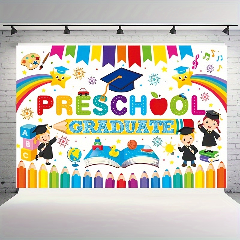 

1pc, Preschool Graduation Banner, 59x39 Inches Polyester Backdrop, Colorful Educational Theme Party Decor With Cap & Diploma, Home & Wall Decor For Kindergarten Celebration