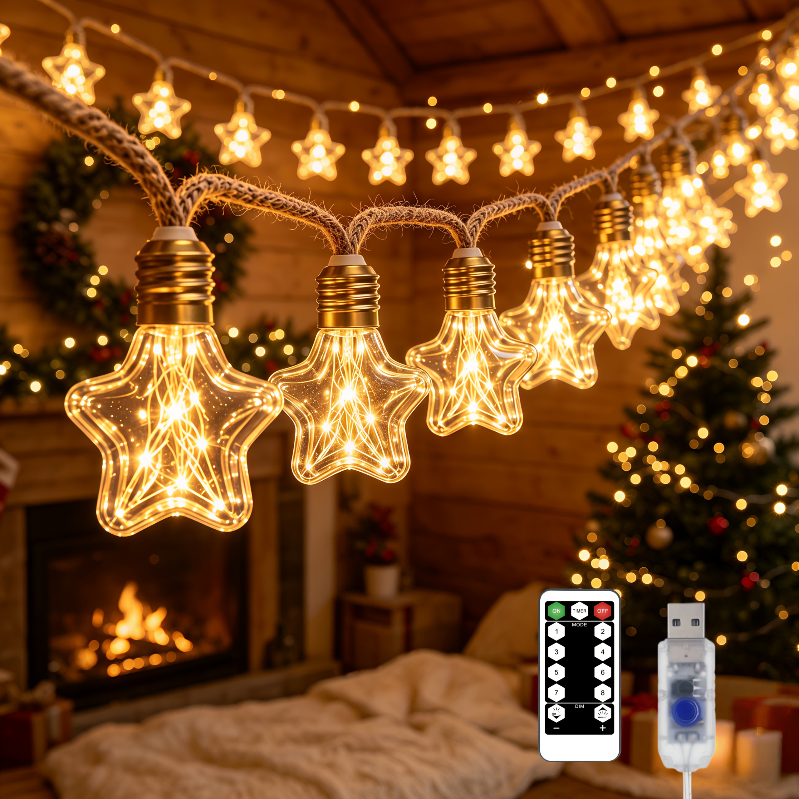 LED-Lichterkette-Set, USB-Hanfseil-Wunschlichter, sternförmige Lichterkette, mit 8 * inklusive Fernbedienung (ohne Batterie), * für Dekoration, Inneneinrichtung festliche Anlässe wie Weihnachten