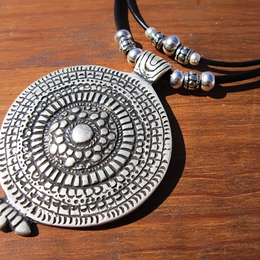 TEMU Vintage Bohemian Style Distressed Texture Double-layer Wax Rope Beaded Pendant Necklace With A Large Round Totem, Women, Ideal For Music
