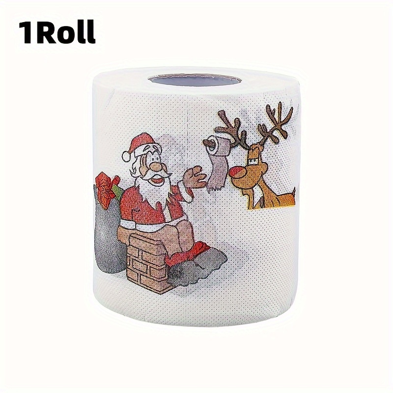TEMU 1 Roll Santa And Reindeer Toilet Paper - Festive Bathroom Decor With Sleigh Pattern, Unbleached Wood Tp, Suitable For Home, Office, Rv, And